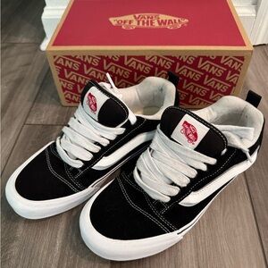 Vans Knu Skool Black and White Sneakers with Red Accents